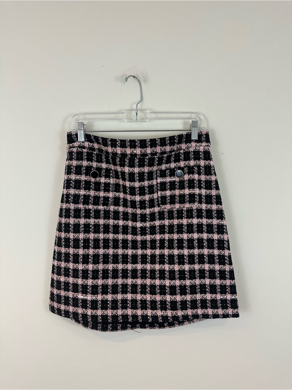 Maison de'Amelie Pink and Black Plaid Tweed Mini Skirt Size 6 Women's